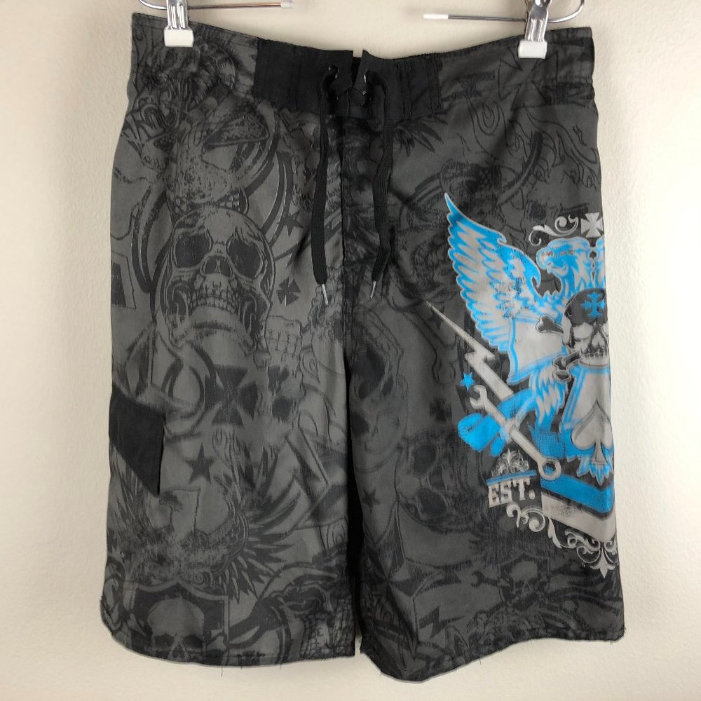 Joe Boxer Swim Board Shorts Size M Gray Blue Skull